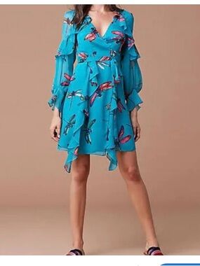 Diane Von Furstenberg Silk Turquoise Floral V-Neck Ruffle Sleeve Dress size 10